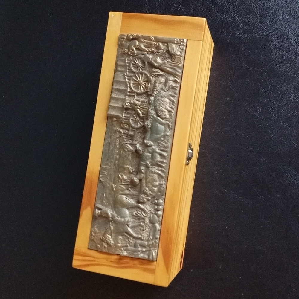 Mid-century modern wooden storage box with bronze ranch decal